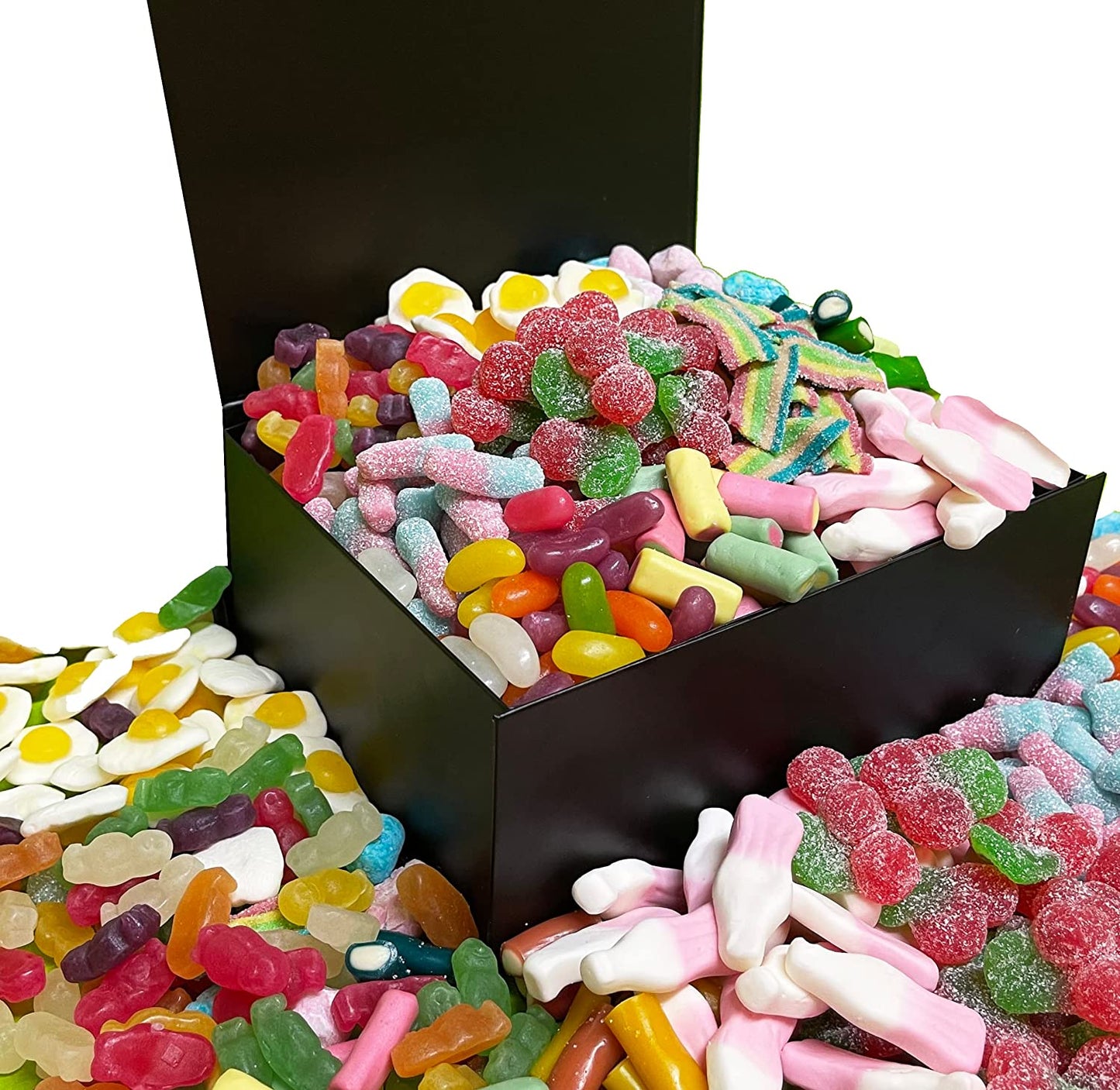 Retro Sweets Candy Box Jelly Beans, Fizzy Bubblegum Bottles, Bonbons, Fried Eggs Sweets and More